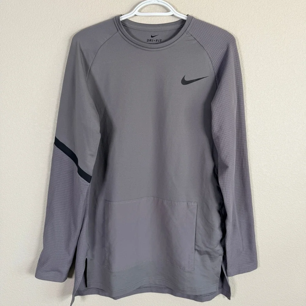 Nike Dri-FIT‎ Training Shirt Mens M Gray Waffle Knit Long Sleeve Kangaroo Pocket